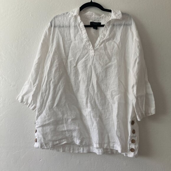 Tahari 100% Linen 3/4 Sleeve Popover Top White Lagenlook Beach Relaxed Coast 1X - Picture 1 of 8